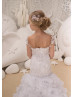Beaded White Lace Organza Ruffled Flower Girl Dress